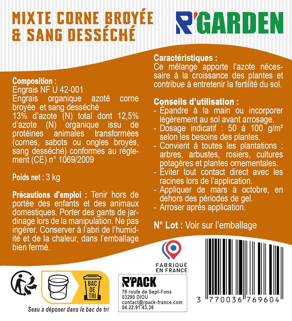 🌿 Engrais Organique Mixte Corne Broyée & Sang Desséché 🐄 | Engrais Naturel 🍃 à Action Rapide ⚡ & Progressive ⏳ | Favorise la Croissance de Toutes les Cultures 🌱 | Fabriqué en France 🇫🇷