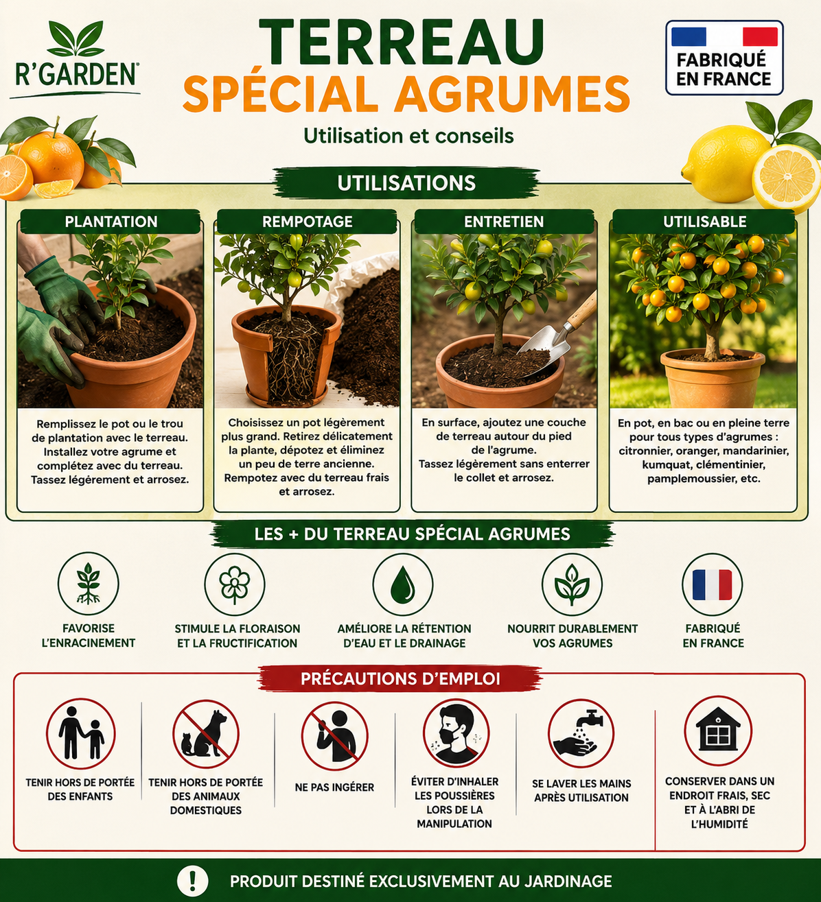 🍋 Terreau Spécial Agrumes – Terreau pour Citronnier, Oranger, Mandarinier et Kumquat – Favorise la Floraison et la Fructification – Utilisable en Agriculture Biologique – Fabriqué en France