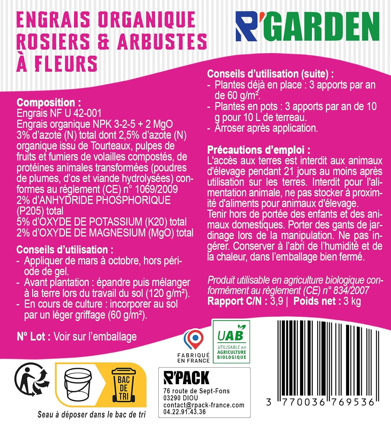🌹 R’GARDEN – Engrais Organique Rosiers & Arbustes à Fleurs 🌿 | Croissance, Floraison & Feuillage Renforcés 🌸 | Utilisable en Agriculture Biologique ✅ | Fabriqué en France 🇫🇷