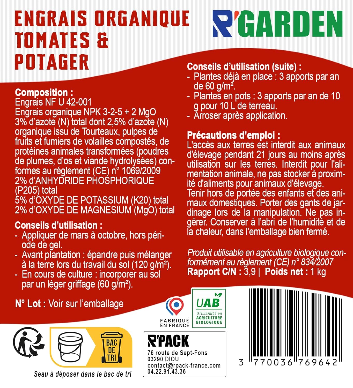 🍅 R’GARDEN – Engrais Organique Tomates & Potager 🌿 | Engrais Naturel Longue Durée ⏳ | Récoltes Abondantes 🌱 | Utilisable en Agriculture Biologique ✅ | Fabriqué en France 🇫🇷