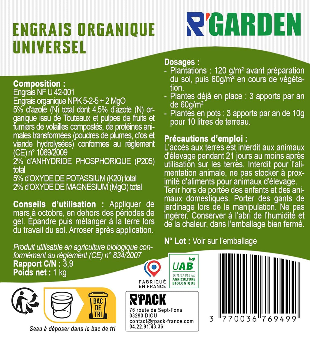 🌿 R’GARDEN – Engrais Organique Universel 🌱 | Croissance de Toutes les Plantes 🌸🌳 | Action Longue Durée ⏳ | Utilisable en Agriculture Biologique ✅ | Fabriqué en France 🇫🇷