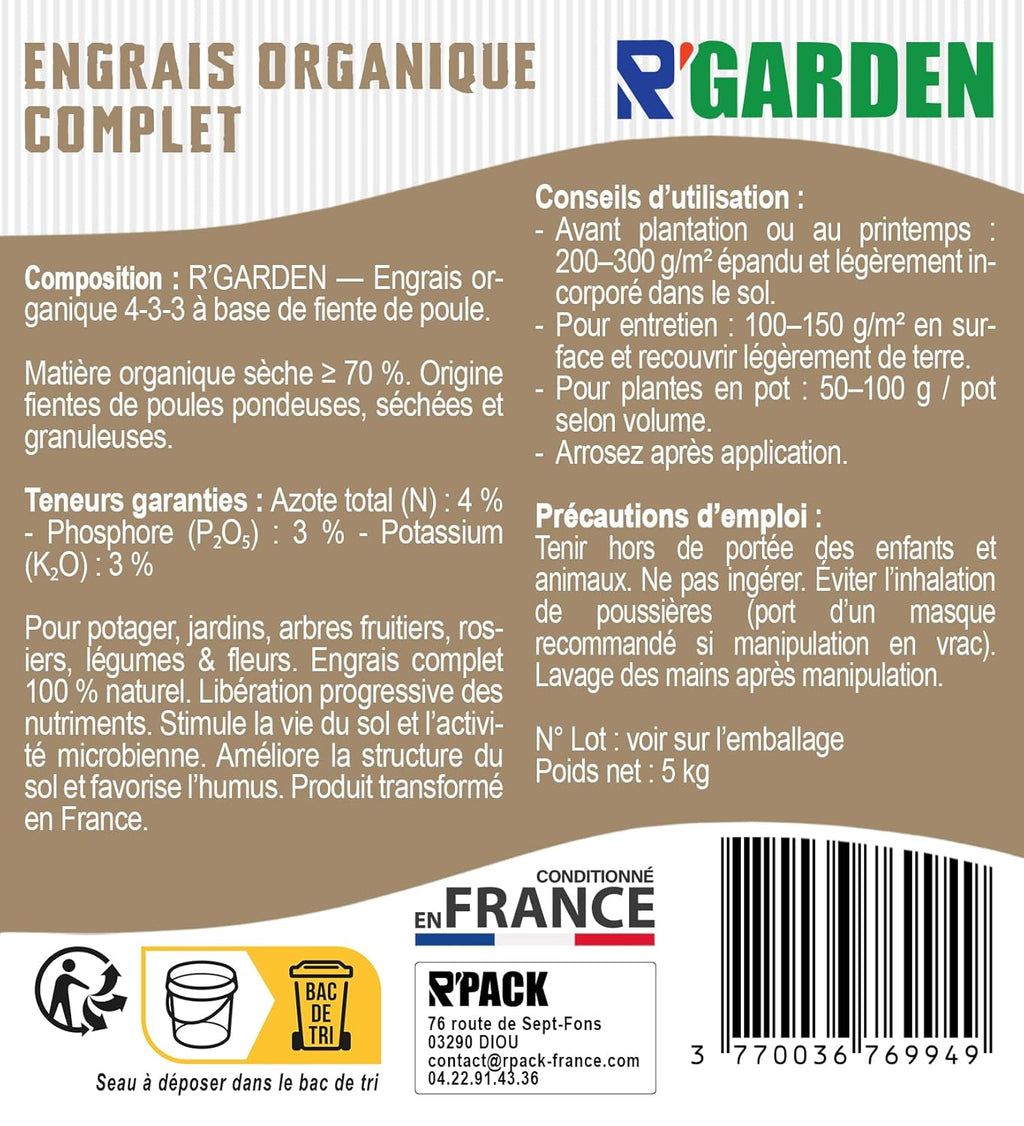 Engrais Organique Complet 🌿 | 100% Naturel 🍃 | Engrais 4-3-3 à Libération Progressive ⏳ | Potager 🥕 | Jardins 🏡 | Arbres Fruitiers 🍎 | Rosiers 🌹 | Légumes 🥬 & Fleurs 🌸 | Fabriqué en France 🇫🇷