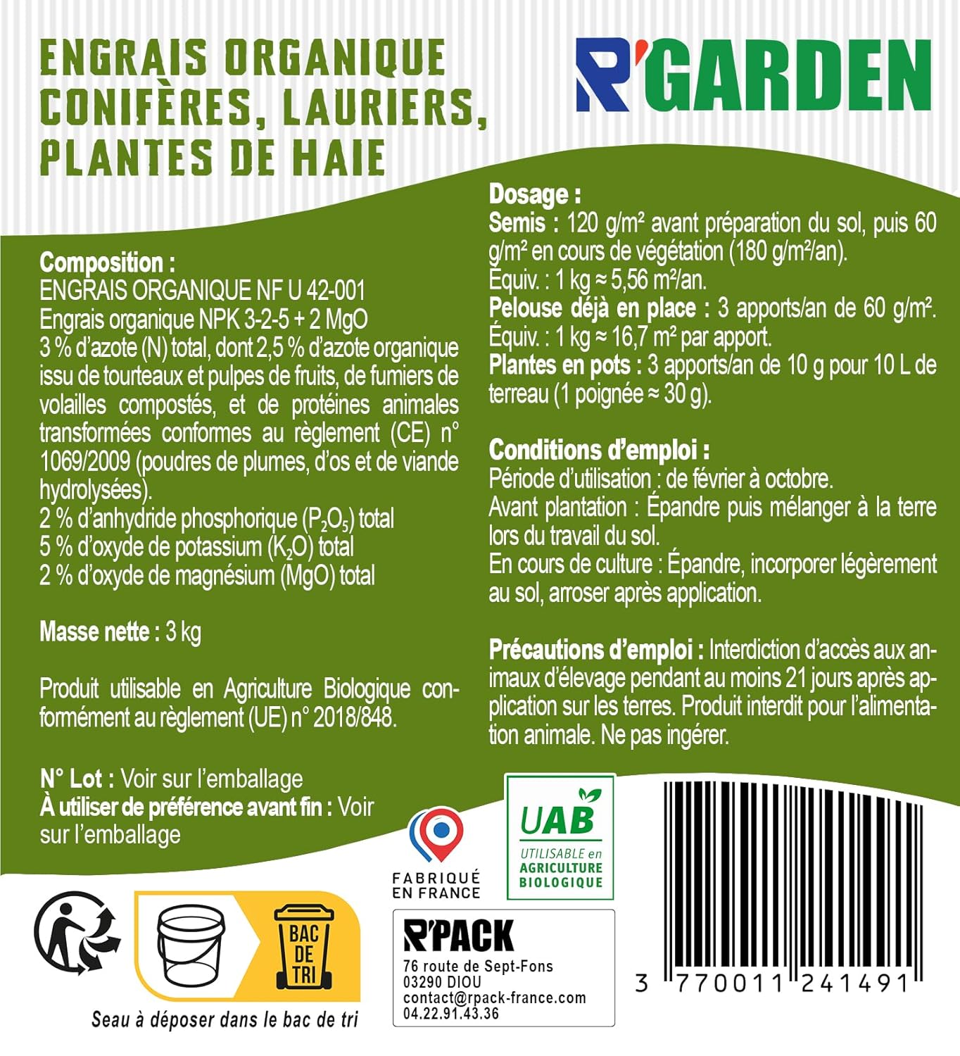 🌲 R’GARDEN – Engrais Organique Conifères, Lauriers & Plantes de Haie 🌿 | Action Longue Durée ⏳ | Reprise Vigoureuse & Feuillage Dense 💪 | UAB (Agriculture Biologique) ✅ | Conditionné en France 🇫🇷