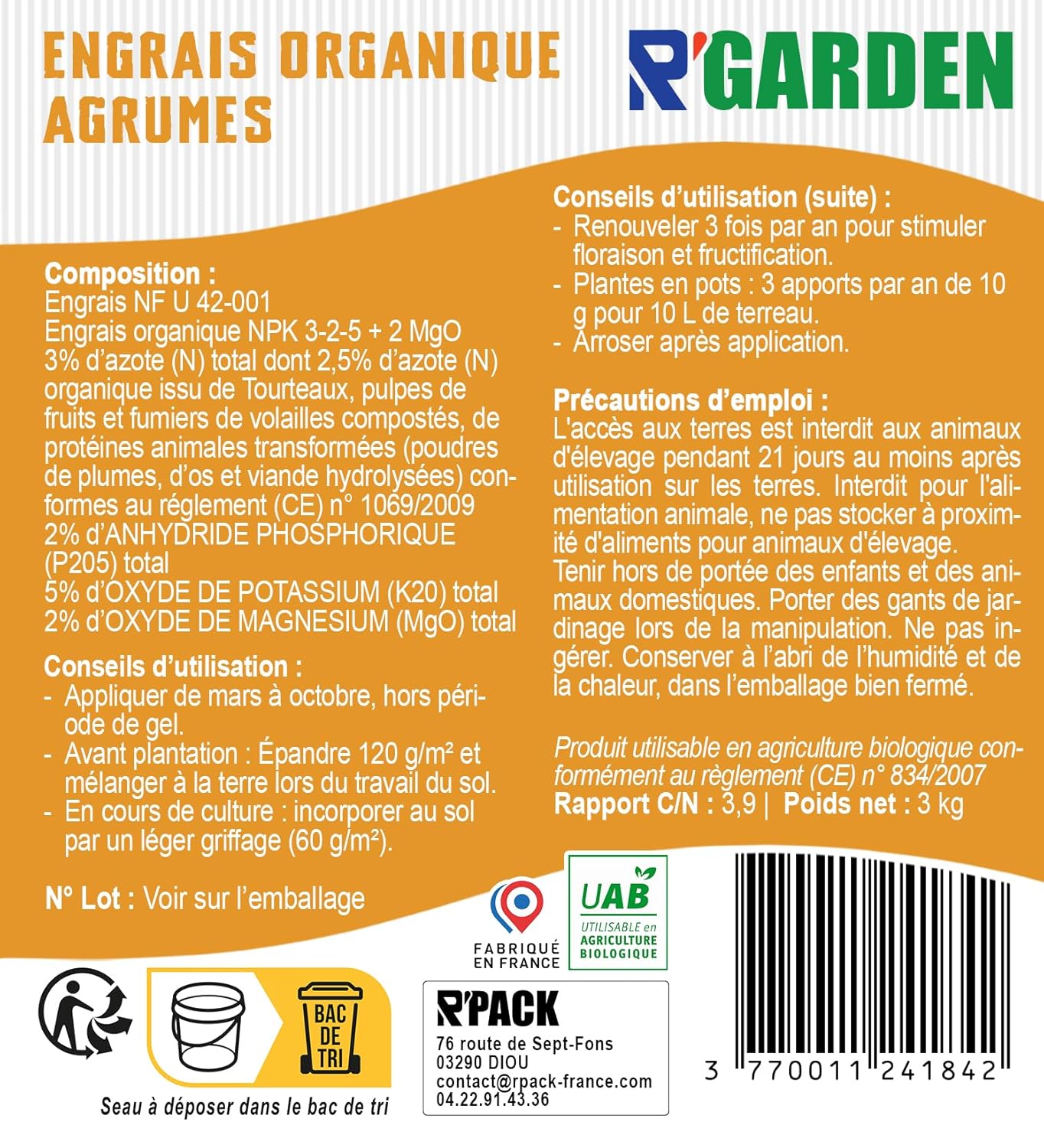 🍊 Engrais Organique Agrumes 🍋 | Fertilisant Naturel pour Citronniers, Orangers & Mandariniers 🌿 | Récoltes Abondantes 🍋 | UAB – Agriculture Biologique 🌍 | Fabriqué en France 🇫🇷