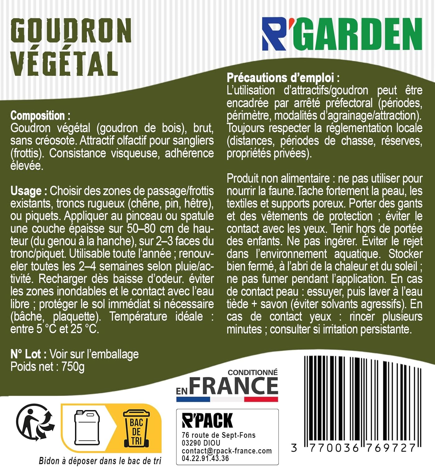 Goudron Végétal 🌲 | Attractif Sangliers Naturel 🐗 | Goudron de Bois Brut sans Créosote 🚫🧪 | Longue Durée ⏳ | Résistant à la Pluie 🌧️ | Conditionné en France 🇫🇷