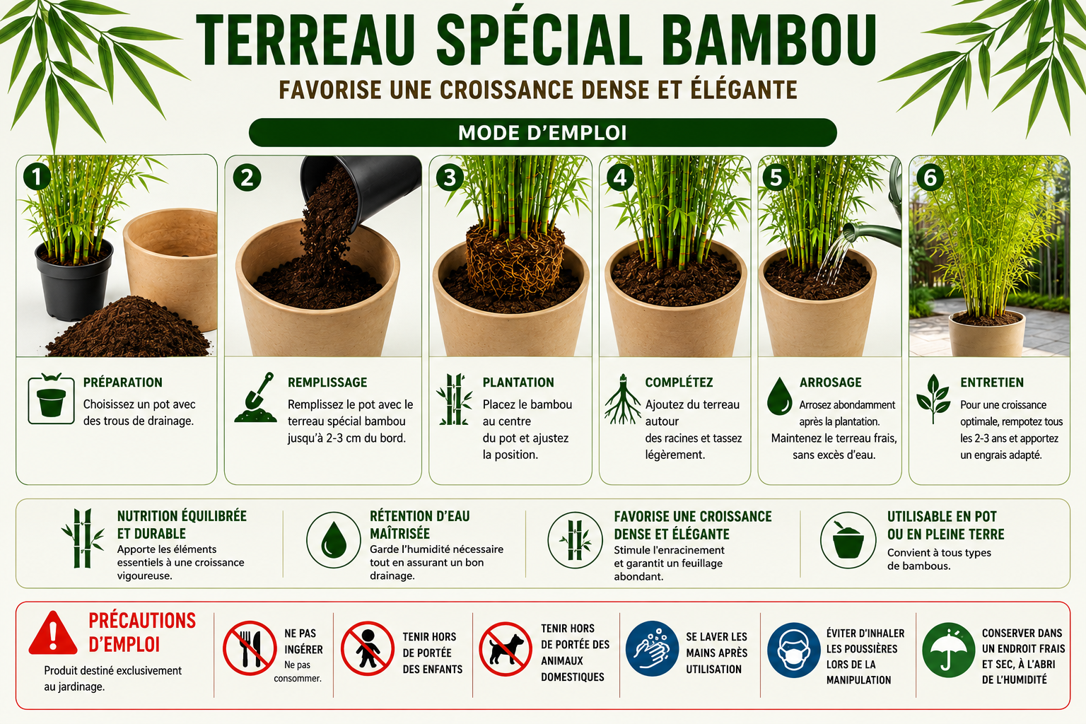 💚 Terreau Spécial Bambou et Graminées – Terreau Prêt à l'Emploi – Nutrition Équilibrée – Utilisable en Agriculture Biologique – Fabriqué en France